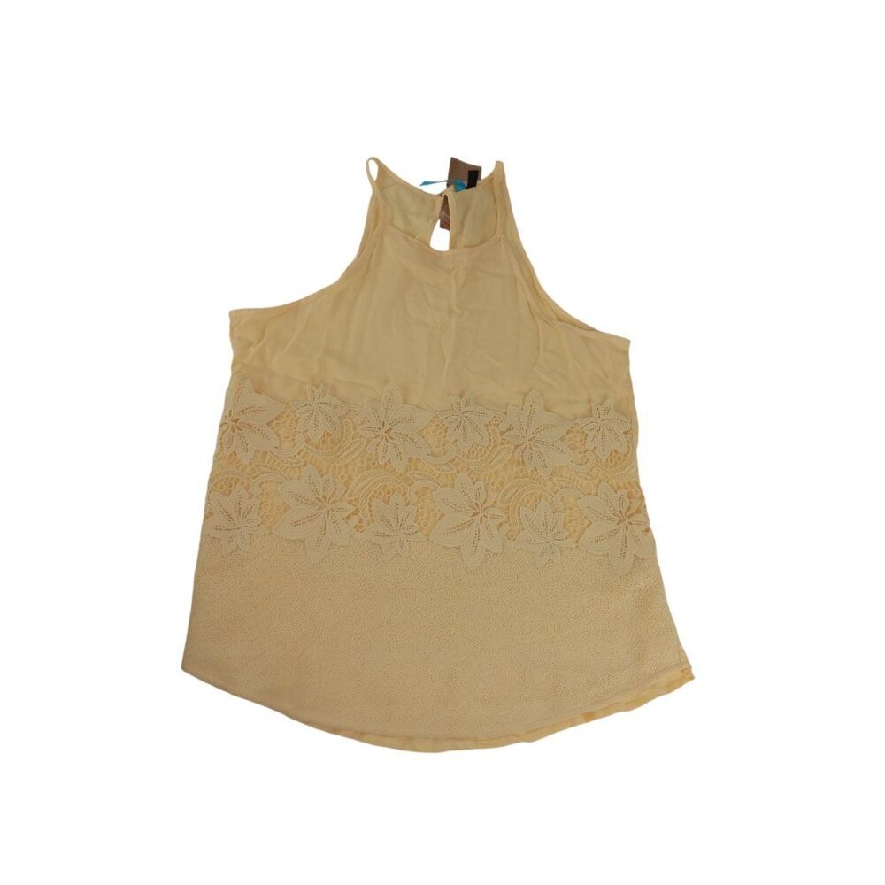 Fransesca Womens‎ Top Yellow Sleeveless Floral Lace Key Hole Blouse Size S NWT